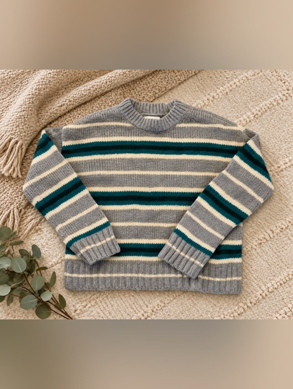 LA Hearts Gray Green Striped Cozy Knit Pullover SZ S